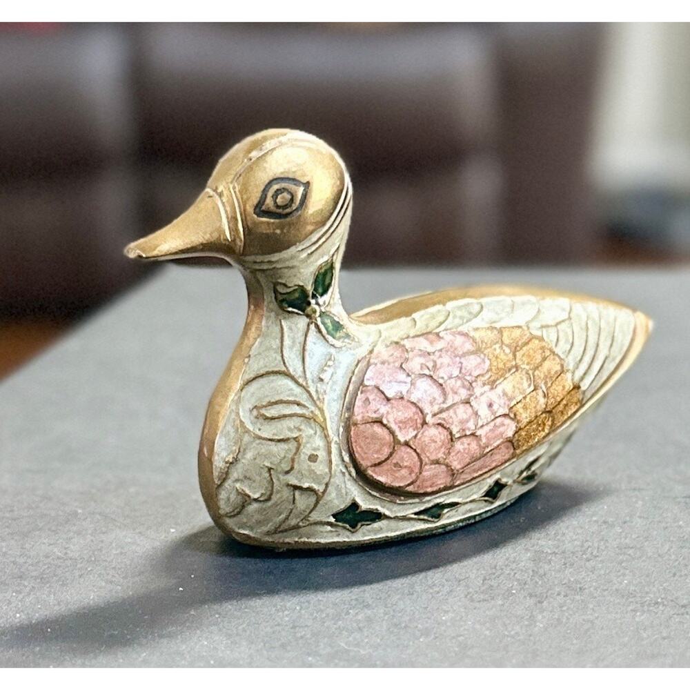 Vintage Mid Century Brass & Cloisonné Enamel Artistic Duck Figurine Ornate India